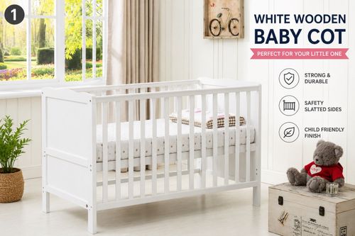 White Wooden Baby Cot Bed Nursery Crib with Slatted Sides – Infant Toddler Cot — image 4