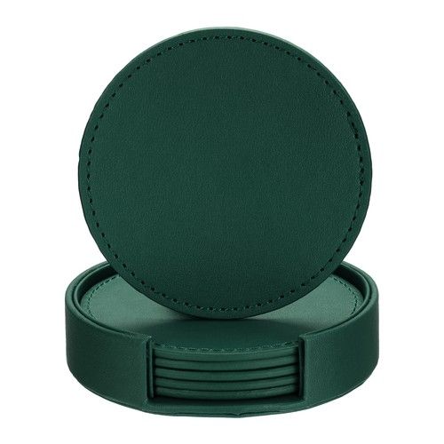 1 Set 3.9" Leather Coasters Tabletop Protection Drink Cup Mat Pat w Holder Green