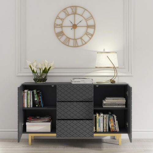 Sideboard Cabinet Diamond Pattern 3 Drawers 2 Doors Grey Gold Legs Storage 140cm — image 3