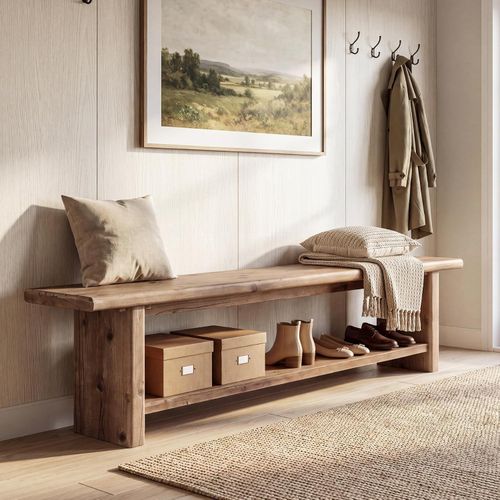 70.87” Farmhouse Solid Wood Entryway Bench with Shoe Storage Shelf for Hallway — image 1