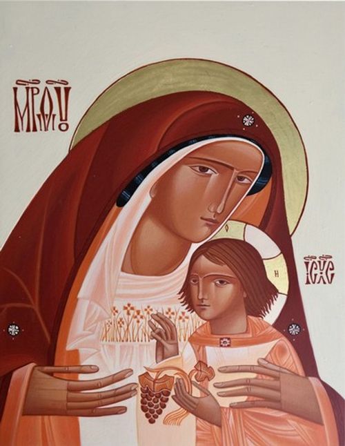Hand Painted Orthodox  Icon Virgin Mary & Jesus Christ Mother of Tenderness