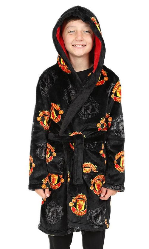 Boys Manchester United FC Official Dressing Gown Fleece Hooded Kids Robe Black — image 2