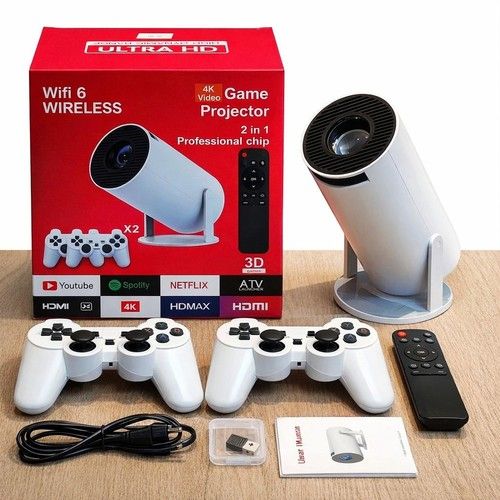 4K Android 11 Projector with Wireless Game Controllers 10,000 Games built In