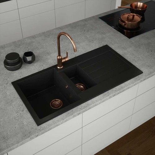 Comite Granite 1.5 Bowl Kitchen Sink & Waste - Black With Reversible Drainer 