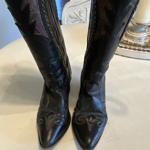 Black Leather Western Boots Brown Inlay Pointed Toe Unisex US Size 7