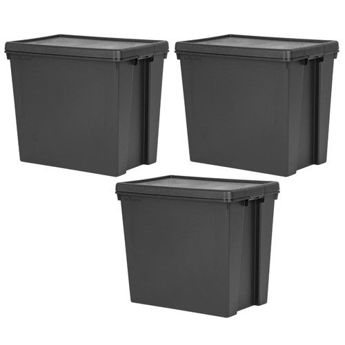 3 x Black Storage Box with Lids HEAVY DUTY Recycled Plastic Stackable Containers