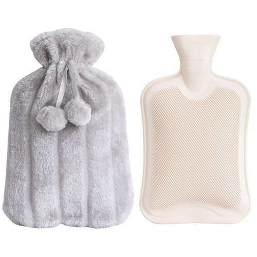 Large 2L Natural Rubber Hot Water Bottle With Warm Faux Fur Fleece Knitted Cover