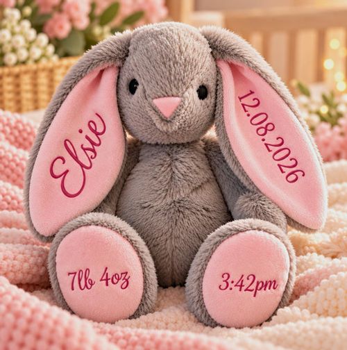 Personalised Newborn Baby Birth Detail Bunny Keepsake. Pink / Blue Ears