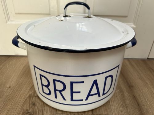 Large Vintage Enamel Bread Bin Polish Kitchenalia - Blue and White Lidded Bin — image 8