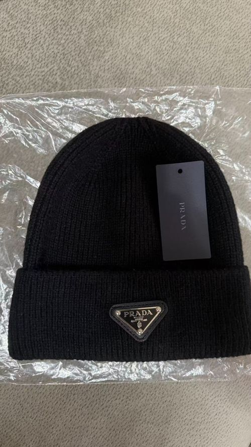 PRADA Milano Black Wool Knit Beanie Hat w/ Triangle Logo Patch One Size — image 1