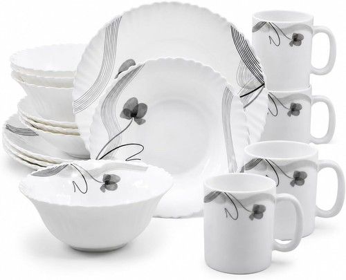 16-24 Piece Opal Glass Dinner Set for 4, Black Floral Dinnerware Set