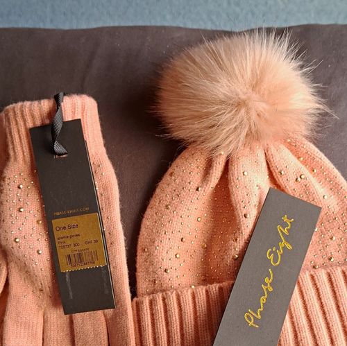 Phase Eight Pink Knit SparkHat & Gloves Set Faux Fur Pom Pom  One Size — image 1