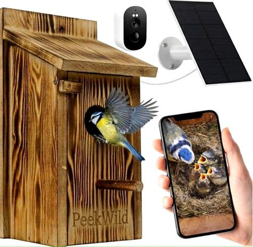 Smart Bird Box with Camera 5MP WiFi Solar Powered Wooden Nesting House Live View