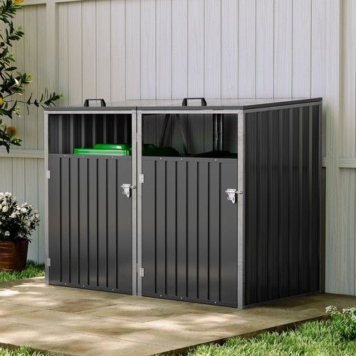 Double Wheelie Bin Storage Box Metal Store Cover Outdoor Garden Dustbin Cabinet