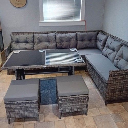 Corner Rattan Garden Furniture Set Outdoor Patio Dining Table Sofa Stools Wicker