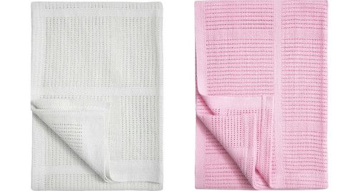 2 x 100% Cotton Baby Cellular Blanket Crib Pram Cot Bed 70x90cm - Economy Pack
