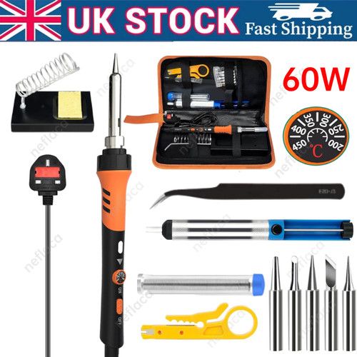 60W Soldering Iron Kit Welding Irons Electronics Solder Tools Adjustable Temp UK