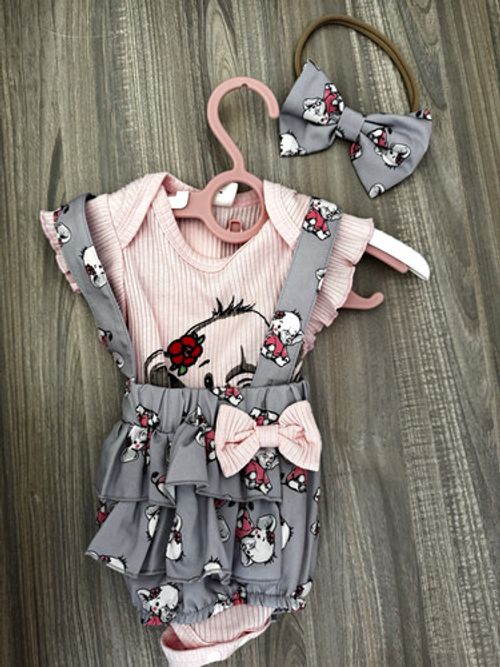 SheIn Girls 0-3M 3pc Ribbed Bodysuit Bloomers & Headband Pink/Grey