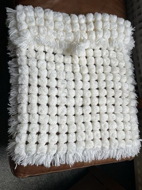 New White Glittery Pompom Pram Blanket