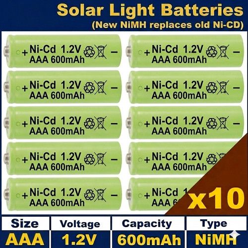 10xAAA 600mAh 1.2V NiMH Rechargeable Solar Light Batteries NiMH replaces NiCd UK