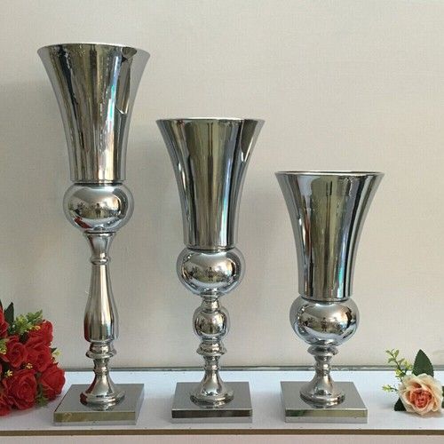 Large 64cm Stunning Silver Iron Luxury Flower Vase Urn Wedding Table Decor Gift