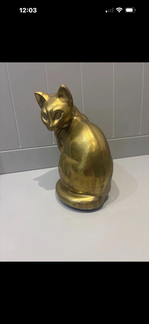 Vintage Mid-Century Solid Brass Cat Figurine Doorstop - Large 8" MCM Hollywood — image 2
