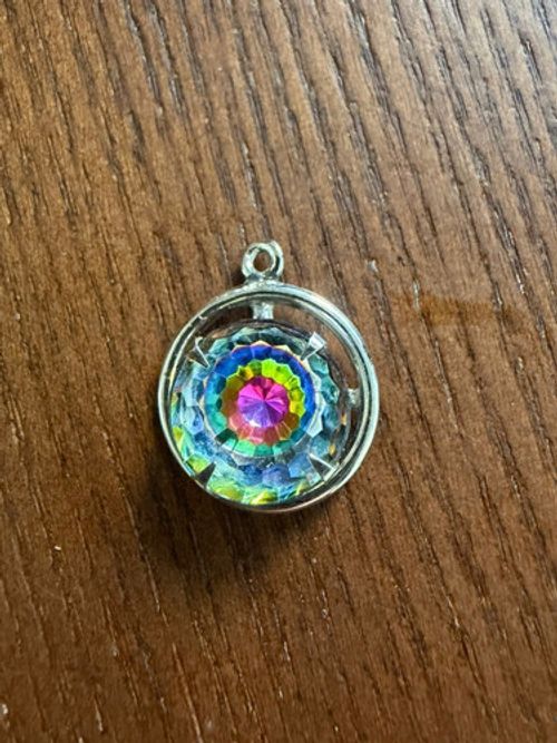 Vintage Rainbow Mystic Style Pendant Silver Tone Round Stone