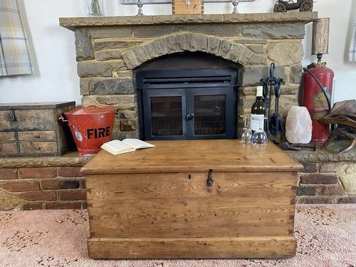 Old Antique Pine Chest, Vintage Wooden Storage Trunk, Blanket Box, Coffee Table.