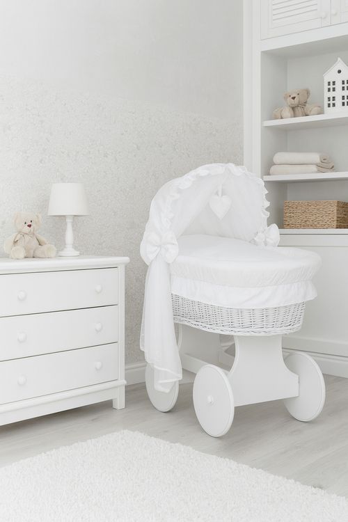 White Wicker Wheels Hood Crib/baby Moses Basket + Complete Bedding — image 1