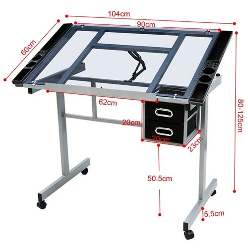Rolling Drafting Table Angle Adjustable Drawing Artwork Desk with Glass Tabletop — image 4