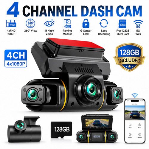 LAMTTO 4 Channel DashCam 360°Front Rear Inside 1080P Camera 128G Parking Monitor
