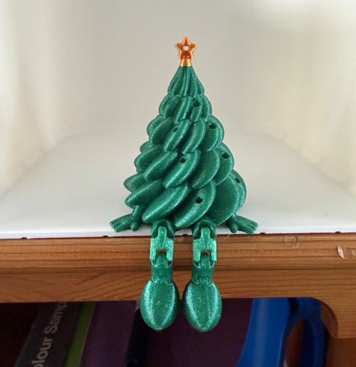Christmas Plastic Tree Hanging Ornament, Green & Gold, Star Topper, Legs