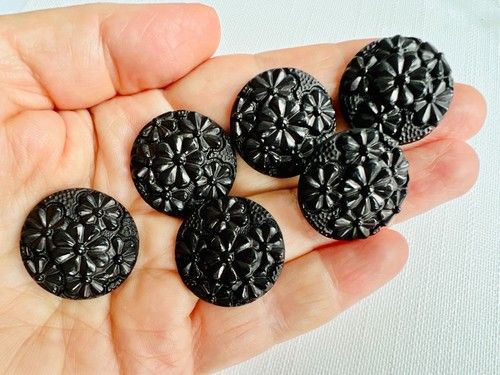 6 Large Vintage Textured Floral Shank Buttons Black Raised Moulded Flowers 25mm