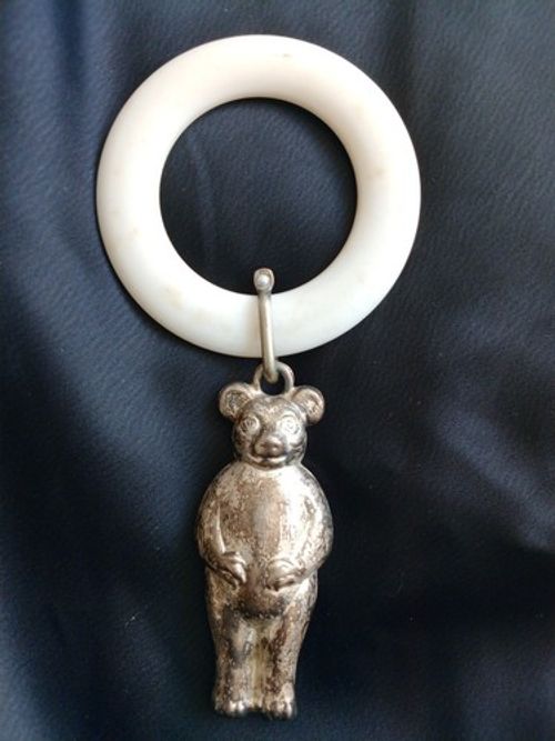 Antique Vintage Silver Teddy Bear Rattle Teething Ring Christening Gift 