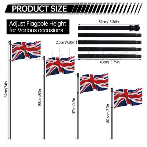 1-4PC 6FT Flag Pole Kit Wall Mounted Telescopic Top Ball Flagpole Outdoor Garden — image 7