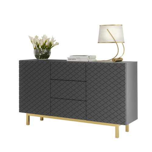 Sideboard Cabinet Diamond Pattern 3 Drawers 2 Doors Grey Gold Legs Storage 140cm — image 10