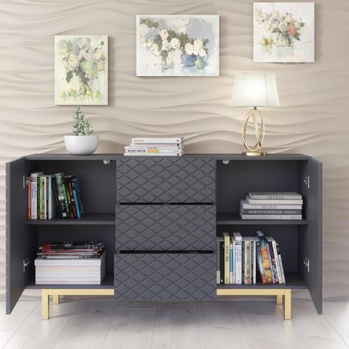 Sideboard Cabinet Diamond Pattern 3 Drawers 2 Doors Grey Gold Legs Storage 140cm — image 6