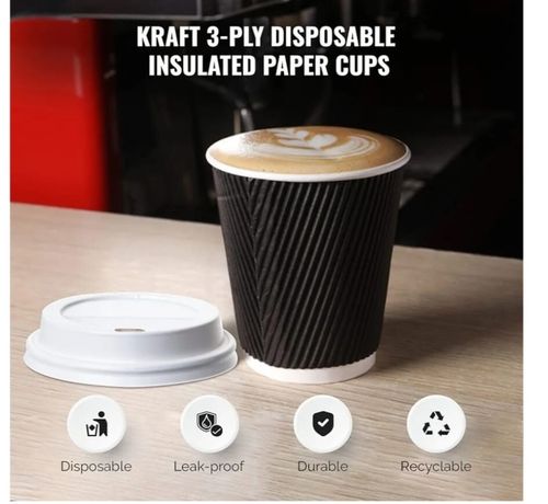 12oz Disposable Black Ripple Paper 1000 Cup with Lids For Hot & Cold Drink — image 2