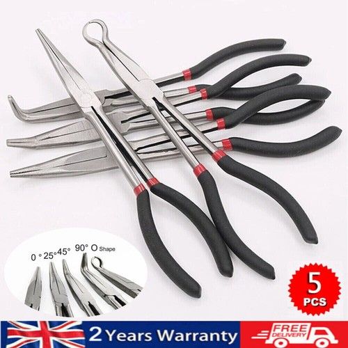5 Pieces 11" Long Reach Straight 25° 45° 90° Bent Round Straight Nose Pliers Set