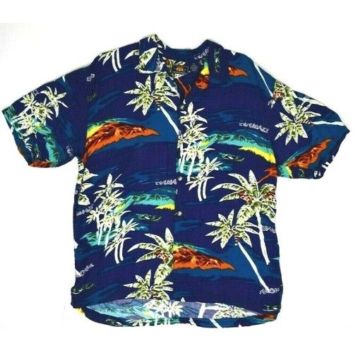 Vintage 90s Hawaiian Shirt Route 66 Mens M/L Blue Rayon Shirt Cobain Special