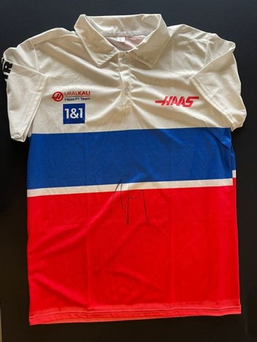 KEVIN MAGNUSSEN HAAS F1 TEAM SIGNED F1 PIT CREW SHIRT EXACT PHOTO PROOF + COA