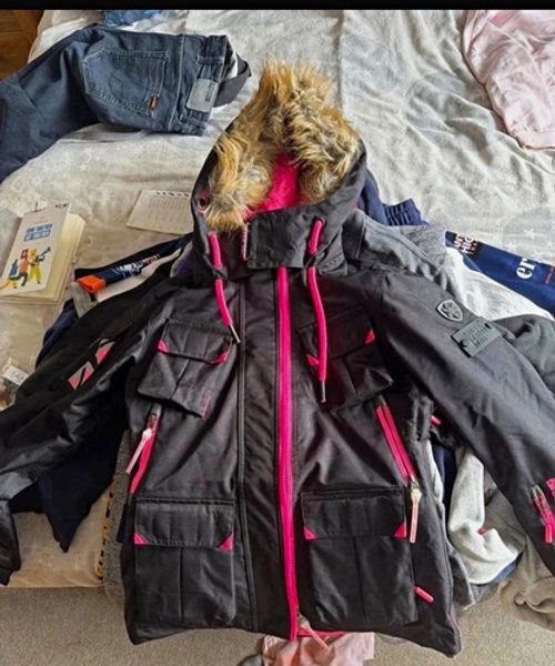 Superdry Snow Women’s Ski Jacket Grey/Pink Hooded Faux Fur Full Zip Size S