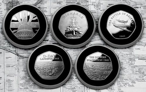 5 Silver World War 2 Commemorative Coins. Dunkirk, D-Day, VE Day, Bismarck. WW2