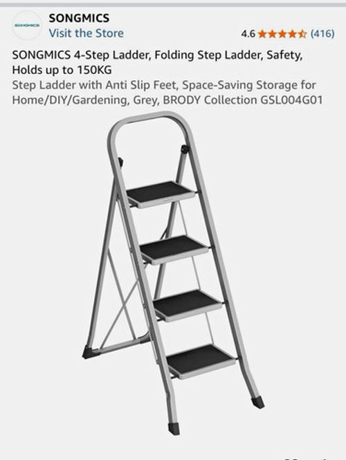 SONGMICS 4-Step Foldable Steel Step Ladder 150kg Anti-Slip Feet Grey GSLO04G01