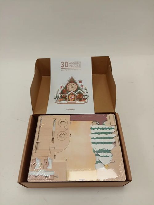 Christmas Cottage Clock 3D Wooden Puzzle Model Kit LZ3DSZ014 New Sealed — image 3