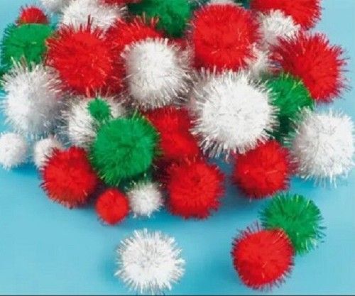 Glitter Pom-Poms Christmas Mix Red White Green Sizes 10,15,25-30mm Kids Crafts