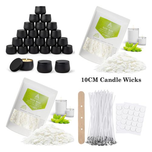 Candle Making Kit 24 Black Tins 4oz 2kg Soy Wax Flakes 10cm Pre Waxed Wicks — image 1