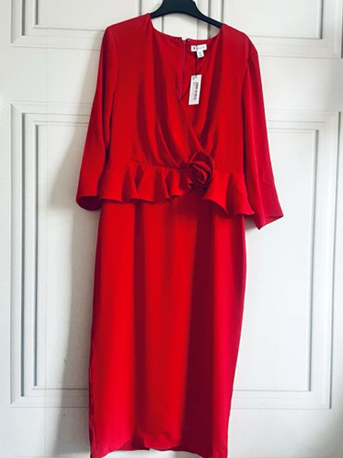 Wallis Red Chiffon Wrap Midi Dress UK 14 V-Neck 3/4 Sleeve Zip Ruffle NWT