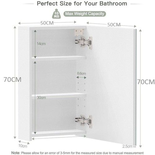 Single Door Bathroom Mirror Cabinet Wall Mounted with Adjustable Storage Shelf