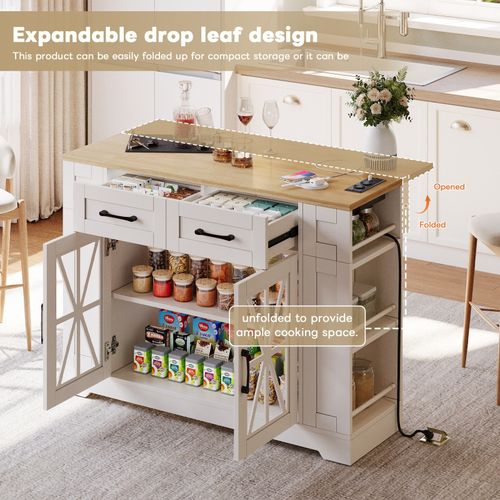 Kitchen Island, Storage Cupboard with Drop Leaf Countertop & Side Racks, White — image 5